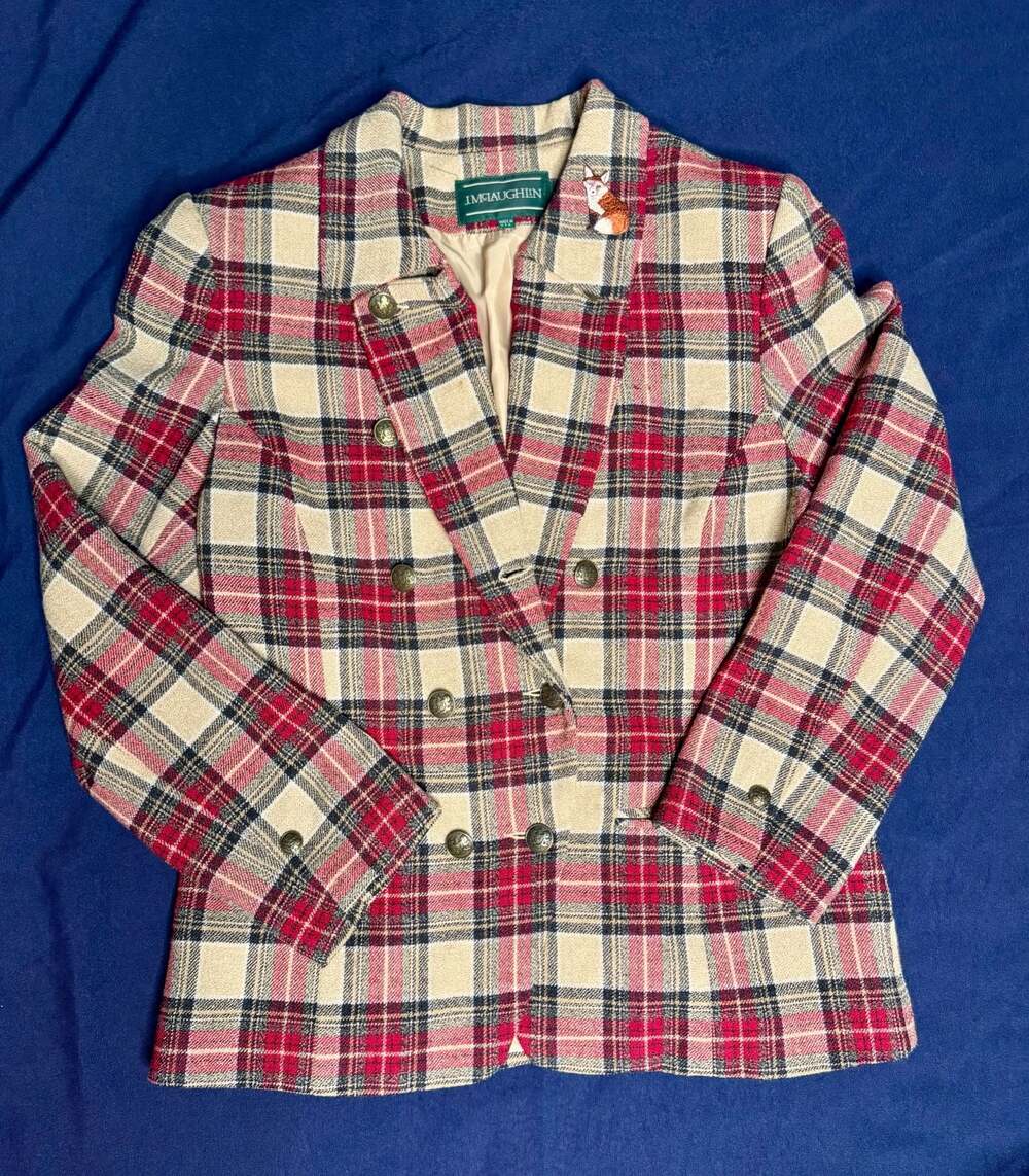 J. McLaughlin Wool Plaid Double-Breasted Blazer Fox Patch Made Sz 10